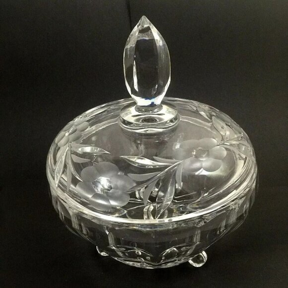 Czech Hand Cut Crystal Lidded Candy Dish Pedestal Bowl Etched Glass Lid VTG 60's - Picture 2 of 12
